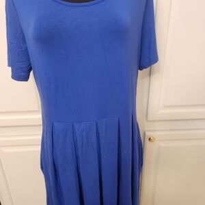 Blue Short-Sleeve Pleated Skirt Dress